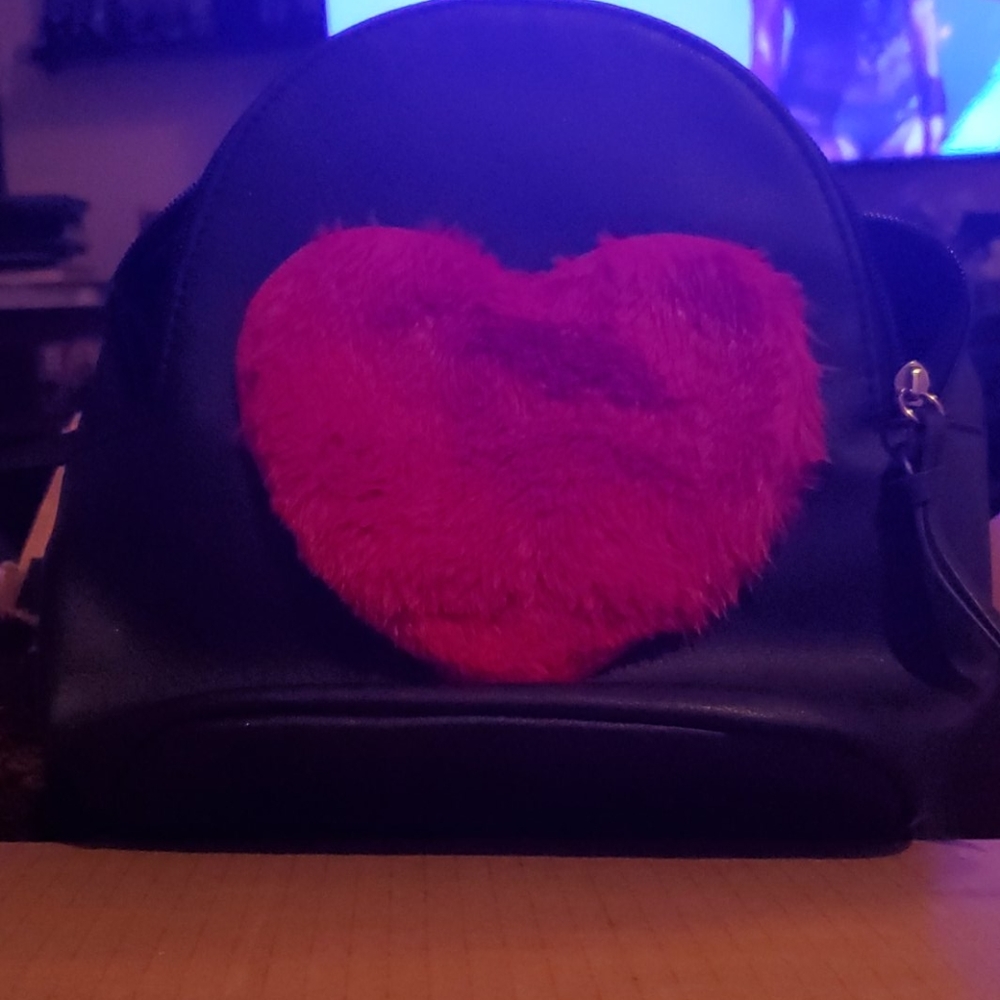 Mini Black Backpack w/ Faux Fur Heart Design